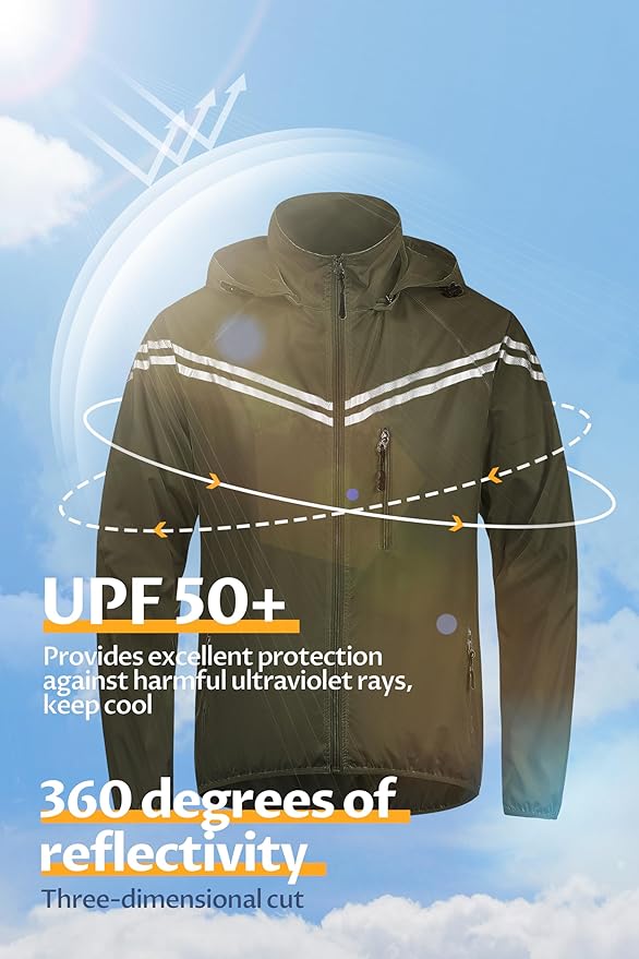 CREATMO US Men's Packable Waterproof Running Rain Coats Reflective Cycling Jacket Windbreaker With Removable Hood