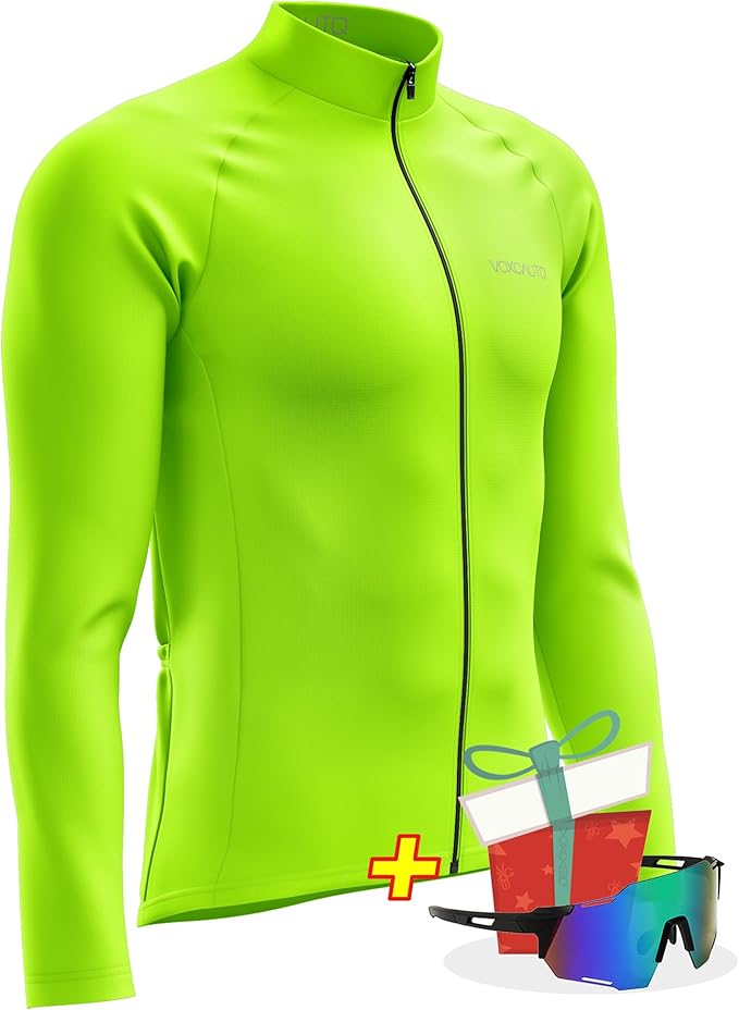 Men's Cycling Jersey Moisture Wicking Long Sleeve Full Zip Bike Road Riding Biking Shirts+ Cycling Glasses