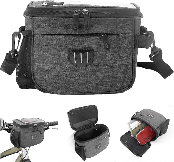Cycling Handlebar Bag, Waterproof Bike Frame Bag with Touch Screen Phone Holder, Large Capacity, Gray Front Top Tube Storage for Road Bike & MTB (9"x7" / 22x17 cm)