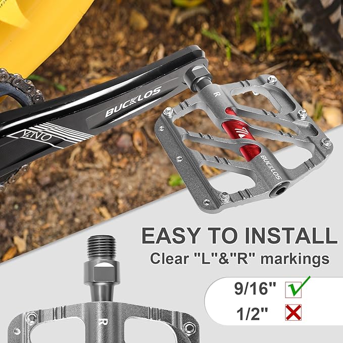 BUCKLOS MTB Flat Pedals Mountain Bike Pedals, 3 Bearings CNC Adult Road Bike Pedals, Bicycle Platform Aluminum Alloy Non-Slip Pedal for Gravel Bike/BMX 9/16"(Black)