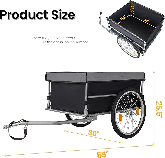 Aluminum Bicycle Trailer, Foldable Bike Cargo Trailer with Universal Hitch, 20'' Wheels, Removable Cover, Folding Frame Quick Release, Ebike Trailers for Camping, Groceries, 120 LBS Capacity, Black