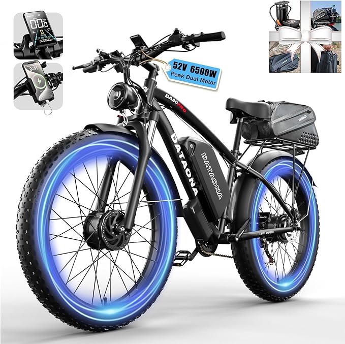 DATAONA 6500W Dual Motor Ebike for Adults Men 20MPH - Fast Electric Bike with 52V 32Ah Battery Up to 100 Miles, Lockable Suspension 24" Fat Tire Electric Bicycle for Off-Road Mountain Snow Commuter UL