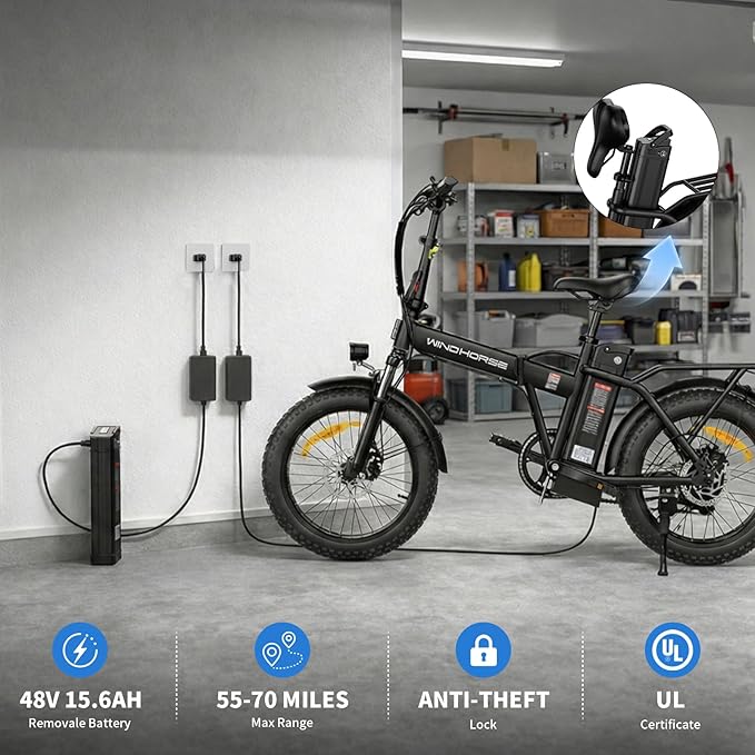 Foldable Electric Bike, Peak 983W Motor Ebike, 40-70 Miles & 20 MPH, 48V Removable Battery, 20" Fat Tire All-Terrain Electric Bicycle for Adults with 7-Speed, Suspension, Rear Rack, UL2849 Certified