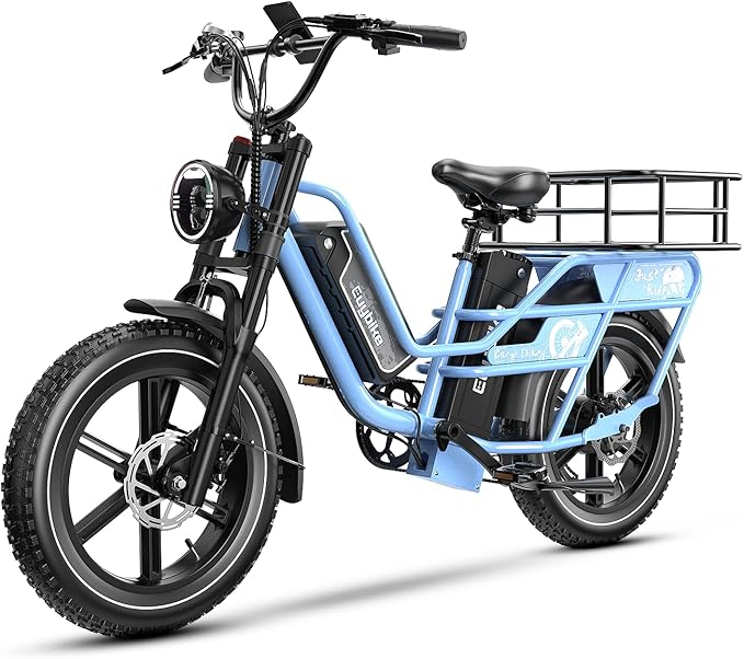 Dual Battery Electric Bike for Adults, 160 Miles Cargo Ebike with 48V 60AH Removable Battery, 1450W Peak Motor 34MPH Electric Bicycle, 20" x 4" Fat Tire Dual Hydraulic Brakes E Bike Blue with Basket