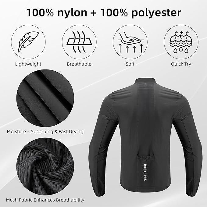 ROCKBROS Cycling Jackets for Men Breathable and Cooling Lightweight Long Sleeve Cycling Jersey Running Windbreaker
