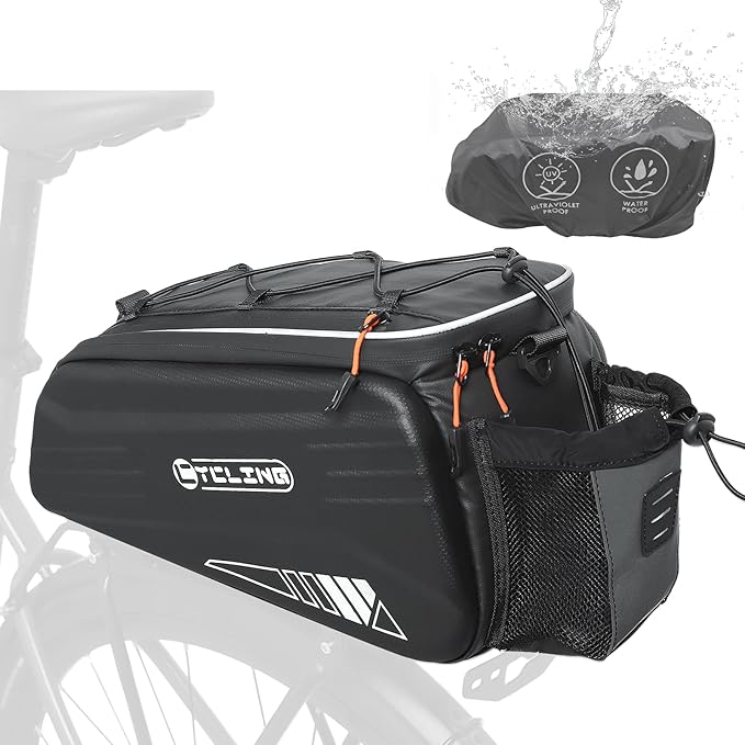 Bike Rack Bag-10L EVA Hard Shell Waterproof 3 in 1 Ebike Trunk Pannier Bag with Reflective Strip & Shoulder Strap for Commuter Travel Outdoor Cycling Accessories (Hard Shell with Rain Cover)