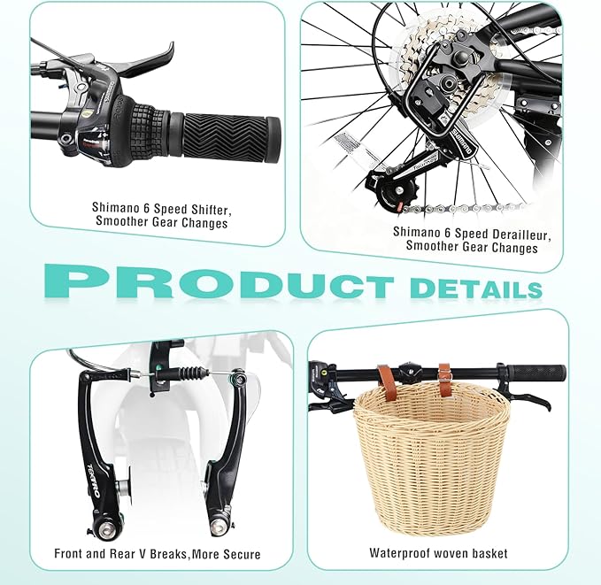 20 Inch Folding Bike with Phone Holder, Portable Folding Bikes with Basket & Fender, Steel Frame 6-Speed, V Brake, Lightweight Foldable Bicycle for Women Men City Commuter