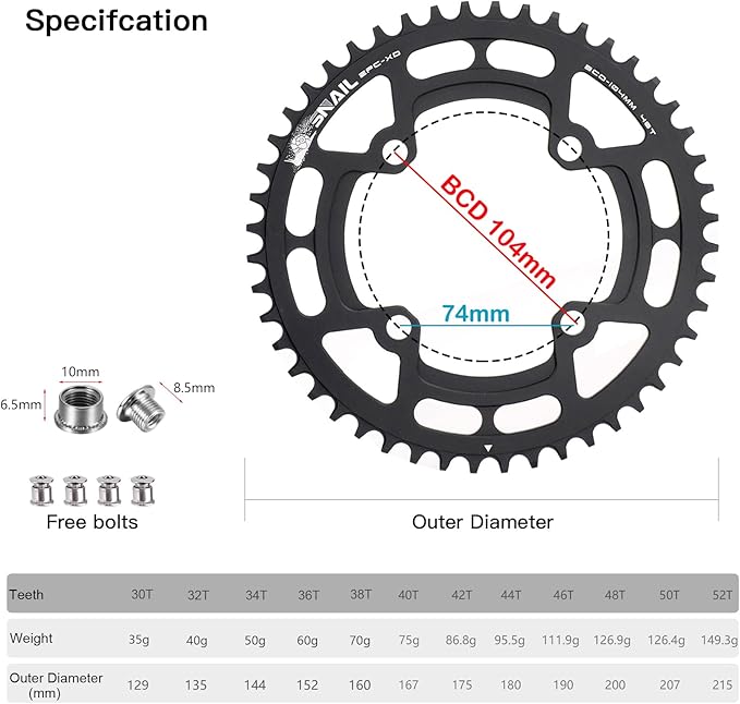 CYSKY 104 BCD Chainring 30T to 52T Narrow Wide Chainring with Sprocket Bolts for 1x Set-up Road Bike Mountain Bike BMX MTB Gravel Ebike