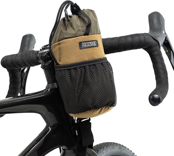 Bongo Bike Handlebar Bag - Water Resistant & Durable Fabric Bicycle Water Bottle Holder, Secure Attachment Bikepacking Stem Bag, One-Handed Access Feed Bag, Front Cycling Storage - Coyote