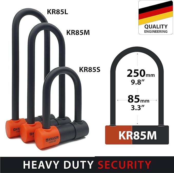 KRASER KR85M Robust U Lock, SRA Approved, High Security Tested, 85X250mm/3.34x9.84in ø18mm/0.7in Double Locking Shackle, Anti-Pick Lock, Anti Theft U Lock for Motorcycle, Scooter, Electric Bike