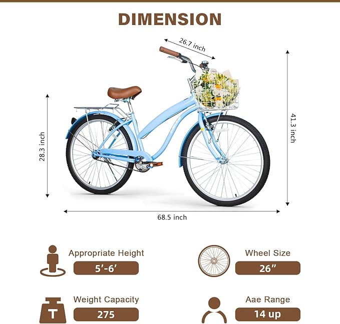 WEIZE Beach Cruiser Bike, 26 inch Commuter Bicycle for Adult Men and Women,High-Carbon Steel/Front & Rear Fenders, Comfortable City Bikes with Rear Rack or Basket, Ergonomic Upright Design