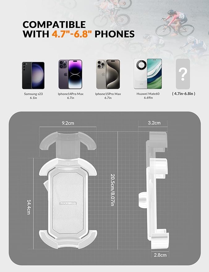 ROCKBROS Bike Phone Holder, Motorcycle Phone Mount with Security Lock, Shockproof Bicycle Phone Mount, Adjustable Phone Holder for Bike, Motorcycle, Scooter, Suitable for 4.7”-6.8”