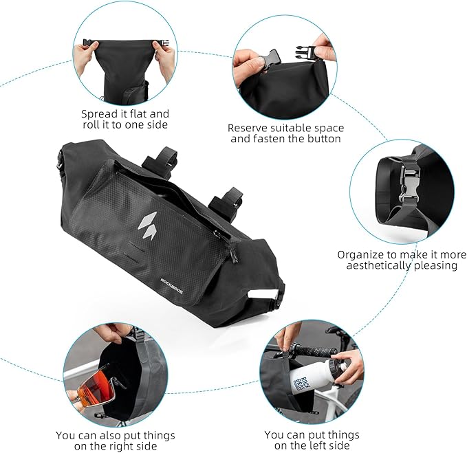 ROCKBROS Handlebar Bag Waterproof with Adjustable Capacity (Up to 8L)-Front Storage Pouch Bag with Waterproof Zipper Anti-Displacement Double-Side Open Compatible for Road Mountain Bike Cycling Travel
