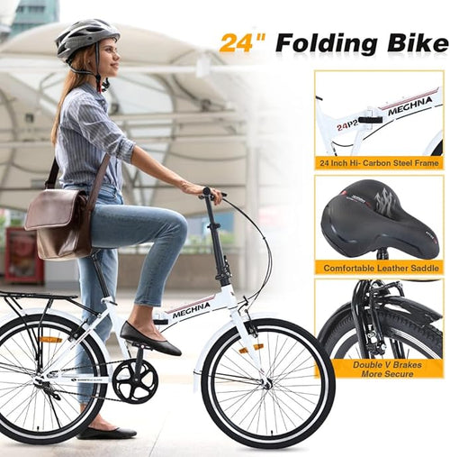 24 Inch Folding Bike for Adults, Steel Frame Single Speed City Commuter Bicycle, Dual V-Brake Portable Compact Bike with Fenders for Men Women