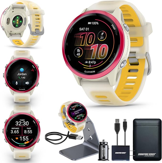 Garmin Forerunner 570 42mm GPS Running Smartwatch, Raspberry | Advanced Training & Recovery, Sleep Coach, Heart Rate, Download Music, Up to 10 Day Battery | Signature Series Power Bundle