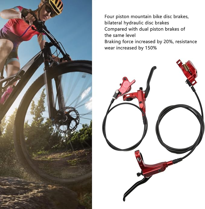 Mountain Bike Hydraulic Disc Brake Set, 4 Piston Front Rear Brake with Screw and Olive Head, Oil Needle, Mounting Column for Most Bikes
