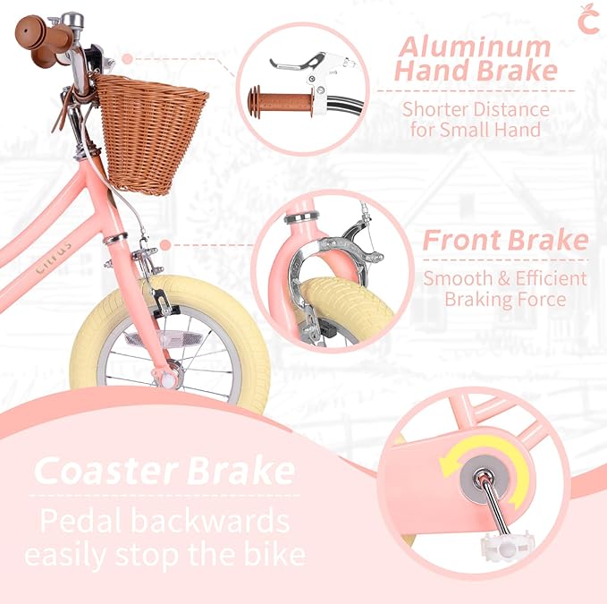 Girls Bike for Age 2-12 Years Old Kids Toddlers 12 14 16 18 20 Inches Retro Bicycles with Training Wheels Basket Bell Ring, Multiple Colors
