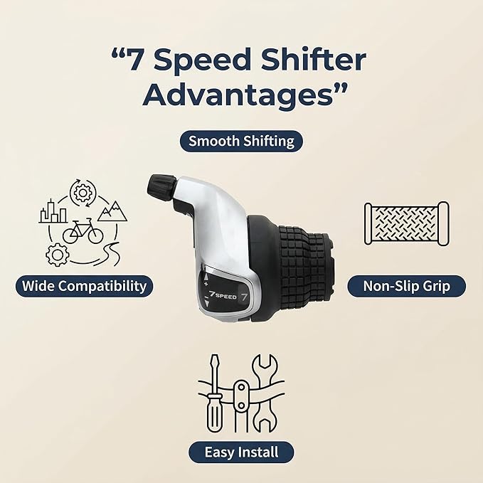 7 Speed Grip Shifter, Right 7 Speed Shifters Bicycle Gear Shifter 7 Speed for MTB City Commuter Youth & Kids Bikes (Silver and Black)