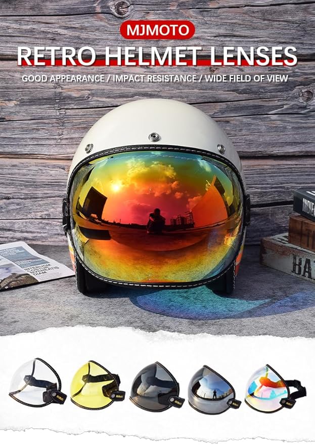 Universal Open Face 3/4 Helmet Visor Lens Bubble Motorcycle Windshield Capacete Lens Vintage Motorbike Helmet Goggles (Revo Red)