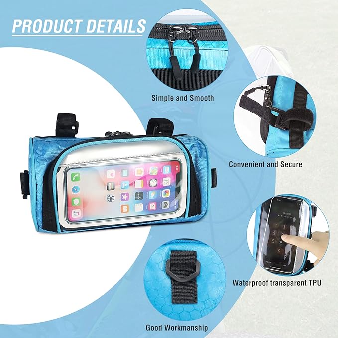 ZUKKA Bike Handlebar Bag Large-Capacity Adjustable Waterproof Front Handlebar Bags with Transparent Pouch Touch Screen for Bicycles Handlebar Women Men (Blue)