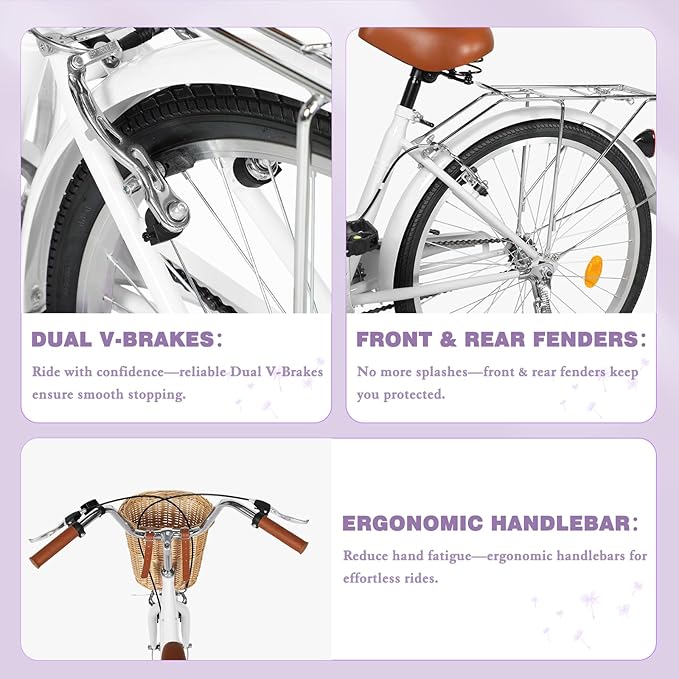 Betterland Beach Cruiser Bike for Women, 24/26 inch Hybrid Bike with Adjustable Seat, Womens Bike with Front Basket and Dual V-Brake, Step Through Comfort Bicycle for City Commuter