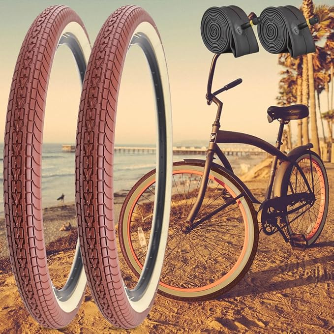 SIMEIQI 26x2.35 20x2.35 Inch Cruiser Beach Bike Tire Black White Wall or Brown Cream Wall Folding Replacement Bicycle Tire for Hybrid City Commuter Trail