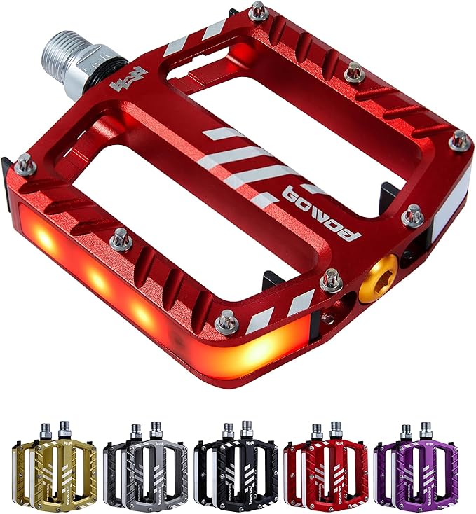 Bicycle Pedals with LED lights 5 Modes, Tap On-Off, USB Rechargeable, Waterproof, Flat CNC Aluminum Road Bike Pedals w 9/16" Cr-Mo Steel Axel w Pin, for Ebike, Commuter, Hybrid, City, Beach Bike