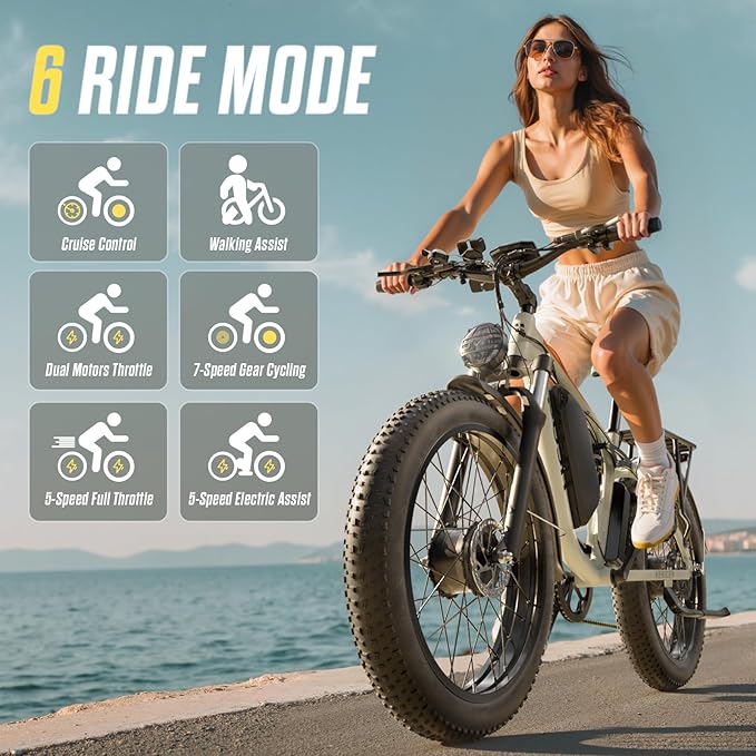 6000W Dual Motor Electric Bike for Adults 60V 20Ah Fast Ebike for Men Women,45MPH Up to 100 Miles,24" Fat Tire Suspension Electric Bicycle for Snow Commuter Mountain E-Bike