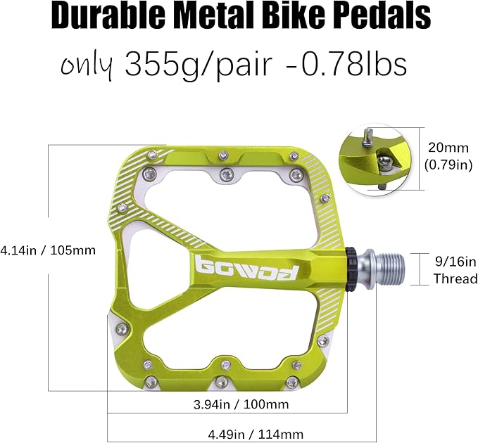 Bike Pedals Mountain Bike Adult, Light MTB Flat Pedals Grippy w 20pcs Non-Slip Studs, Glass Fiber Nylon Composite Platform Pedals w Cr-Mo Axel, 9/16" BMX Road Cruiser Gravel Bicycle Pedals