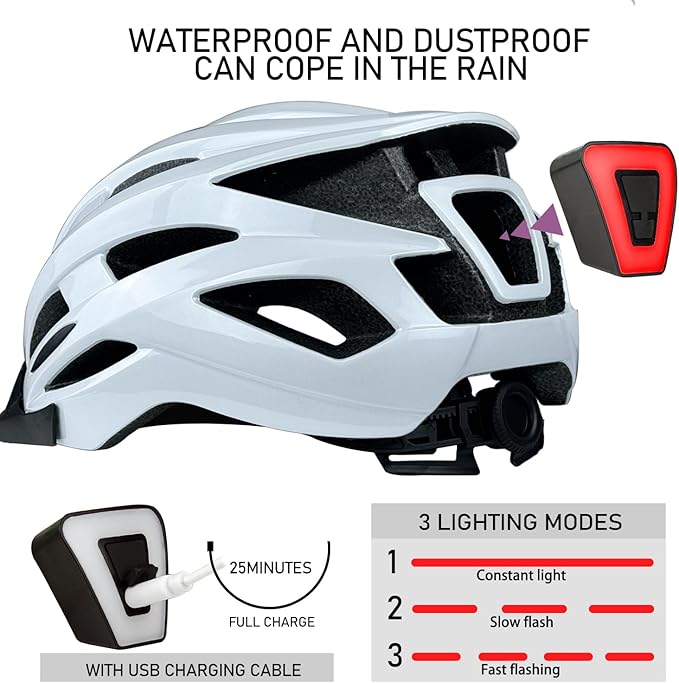 Bike Helmet for Adult Men Women with Multi-Mode Rear LED Light, with Suggested Fit 56-62cm, Lightweight with Adjustable Dial, Side and Chin Strap, Carbon Black Shiny Surface