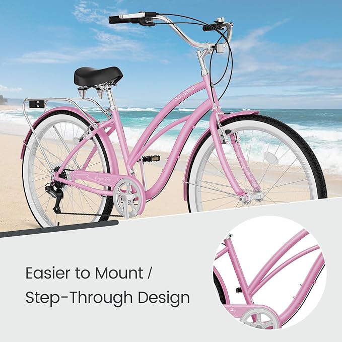 MOPHOTO 24" 26" Adult Bike 7-Speed Beach Cruiser Bike for Adults, Rear Rack, Fenders, Step-Through or Classic Frame
