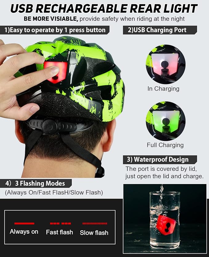 Bike Helmet with USB Rechargeable LED Light Detachable Goggles and Sun Visor, Mountain & Road Bicycle Helmets for Men Women Adult Cycling Helmets