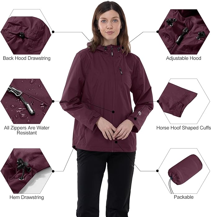 Outdoor Ventures Packable Rain Jacket Women Lightweight Waterproof Raincoat with Hood Cycling Bike Jacket