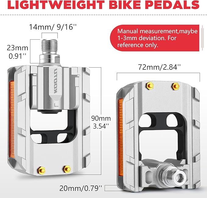 KOOTU Bike Pedals with Reflective Strips, Universal 9/16 Inch Mountain Bike Pedals, Non-Slip Aluminum Alloy Bicycle Pedals for Road BMX MTB Bike