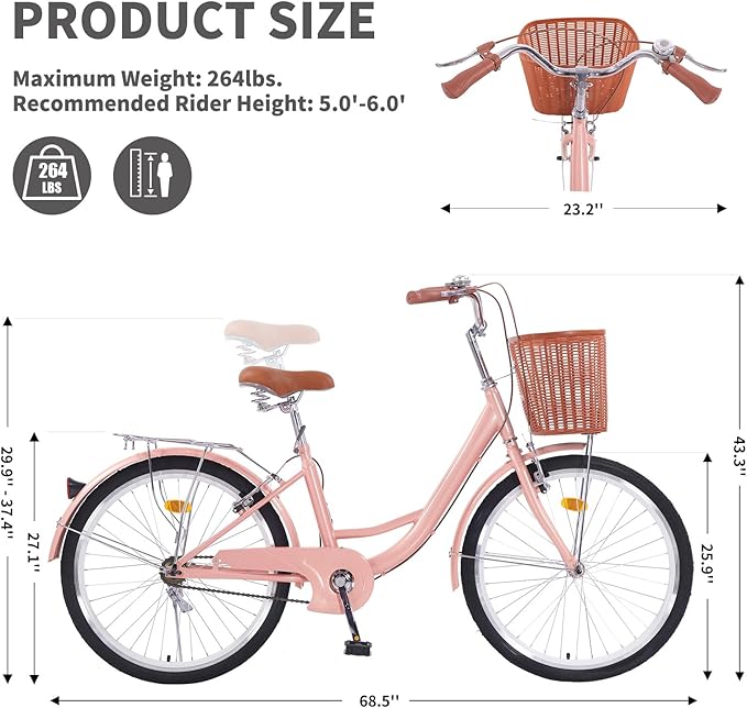 Adult Comfort Bike for Women, 24/26 Inch Women' Commuter Bicycle Single Speed with Rear Rack and Basket, Comfortable City Bikes Ergonomic Upright Design for Women, Men and Teens