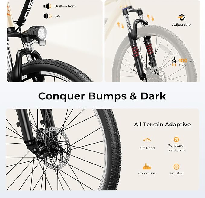 Jasion EB5 Electric Bike for Adults with Peak 1000W Brushless Motor, 40Miles 20MPH Commuting Electric Mountain Bike with 360Wh Removable Battery, 7-Speed, 26" Tires and Front Fork Suspension