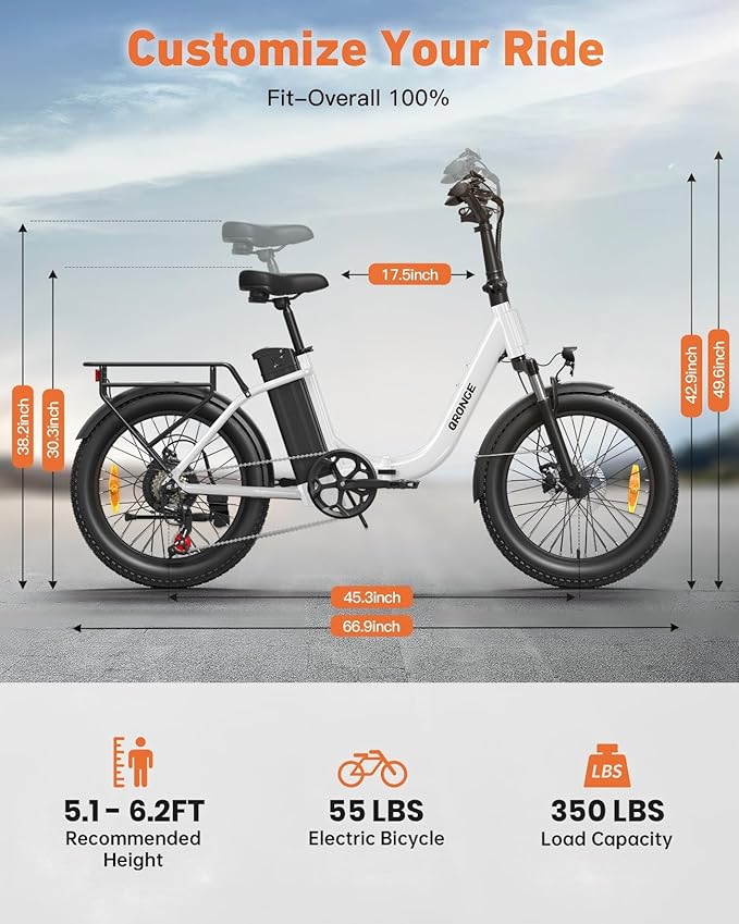 Electric Bike, 1000W Peak Folding Electric Bike, 486Wh 70 Miles Range Ebike, Waterproof Removable Battery, 7 Speed, 25 MPH Max, 20" Step-Thru Bicycle with Front Basket