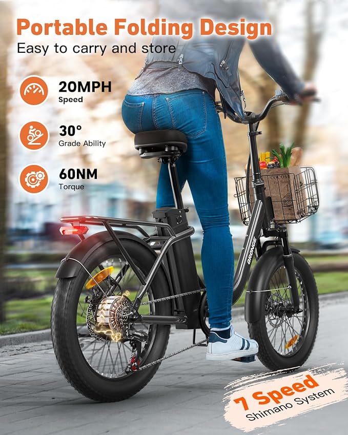 Electric Bike, 1000W Peak Folding Electric Bike, 486Wh 70 Miles Range Ebike, 20" Step-Thru Bicycle with Front Basket, Waterproof Removable Battery, 7 Speed, 25 MPH Max