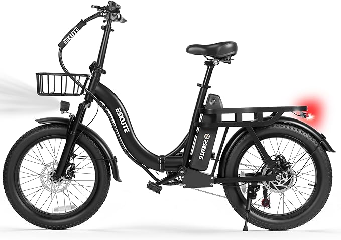 1200W Peak Folding Electric Bike for Adults, 28MPH 48V 10.4Ah Removable Battery, 55-Mile Range, 20"x3" Fat Tire, Step-Thru Ebike with Basket 7-Speed – Commuter E-Bike