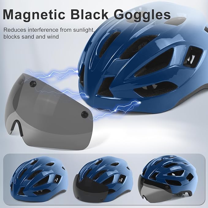 Bike Helmet Adult for Men, Lightweight Ebike Helmet with LED Light & Magnetic Goggles, USB Charging Cable Included, Cycling Helmet for Adult with Adjustable Dial Fit 22.8"- 24.4 "