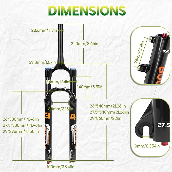 BUCKLOS 26/27.5/29 inch Travel 140mm MTB Air Suspension Fork, Rebound Adjustment 34mm Stanchions 1-1/8" Threadless Straight/Tapered 9*100mm QR Manual/Remote Lockout XC AM Mountain Bicycle Front Forks
