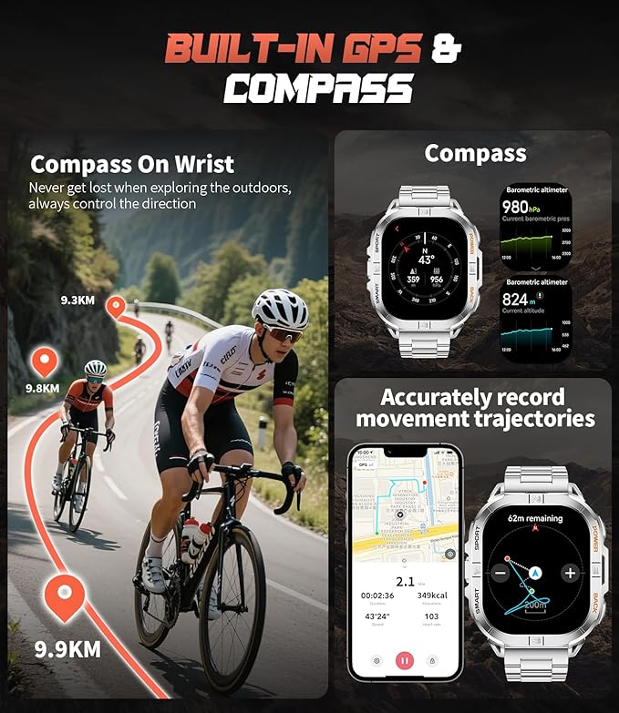 LIGE DM6 GPS Military Smart Watch for Men, 170+ Sport Modes/LED Flashlight/Compass/2.13'' AMOLED Smartwatches, IP68 Waterproof Fitness Watch, 600mAh/Pedometer Smart Watches for Android iOS, Sliver
