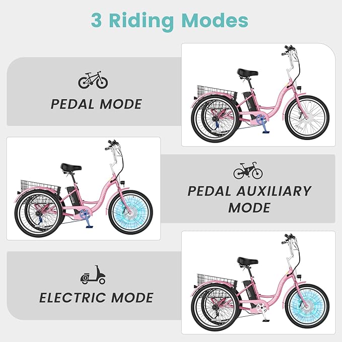 Electric Tricycle for Adults Seniors, 24/26 Inch 3 Wheel E-Trike, 350W Motor (700W Peak), Removable 36V Battery, Up to 15.5MPH, 25-60Mile Range, Low Step-Through, Rear Basket, 350lbs Capacity, 7 Speed