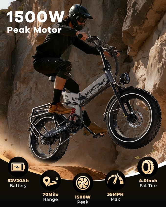 1500W Folding Electric Bike for Adults,52V 20Ah Removable Battery Ebike with 30+MPH 70 Miles Max,20" x4.0 Fat Tire E-Bike, Foldable Dual Suspension Electric Bicycle for Commute,Mountain
