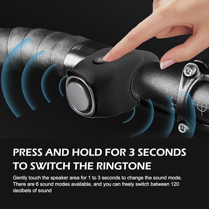 Electric Bike Horn, 120DB Loud Elasticity Silicone Bicycle Bell, Waterproof Bicycle Warning Horns with 6 Sound Options, Universal Handlebar Alarm for Adults Kids Bike/Scooter/Ebike (Black)