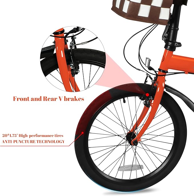 20” Folding Bike for Adult Men Women, 7 Speed Foldable Commuter Bike with Detachable Basket, Lightweight Folding Bicycle with Adjustable Seat & Front and Rear V-Brakes,Outdoor Beach Cruiser Bike
