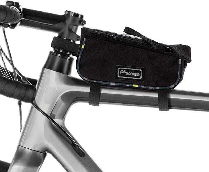 Po Campo Bike Phone Bag – Tussey Phone Holder for Bicycles – Top Tube Bike Bag that Fits Large EBike Frames - Fabric Bike Pouch Storage for Women and Men (Black/Bubbly)