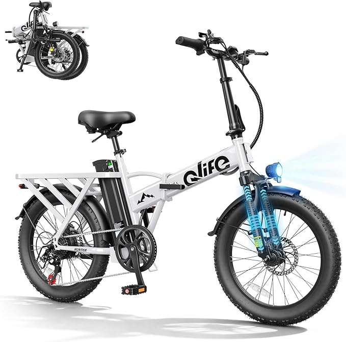 Qlife Hunter Foldable Electric Bike for Adults, Peak 1200W Ebike with 48V 13.5Ah Battery, 65-Mile Range, Heavy-Duty Rear Rack, 20-Inch Fat Tires, Folding E Bike for Commuting & Outdoor Use
