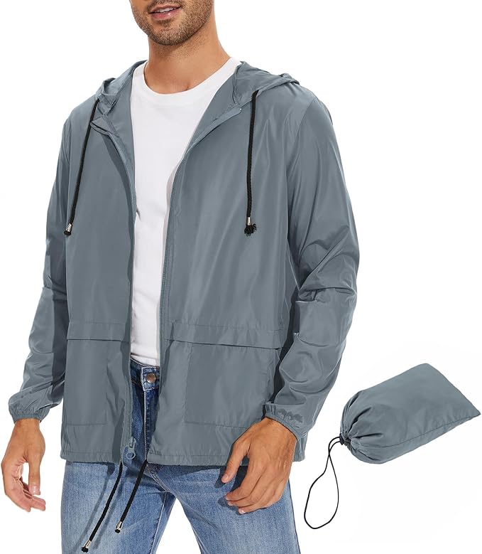 Zando Packable Mens Rain Jacket Lightweight Raincoat Waterproof with Hood Outdoor Windbreaker Jacket Travel Rain Jackets