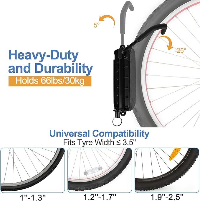 Wall Mounted Bike Rack for Indoor Storage - Heavy Duty 150° Swivel, No Drill Space Saving Design, Fits MTB/Road/E-Bikes & Hybrid, Anti-Slip Stopper (4-Pack, Black)